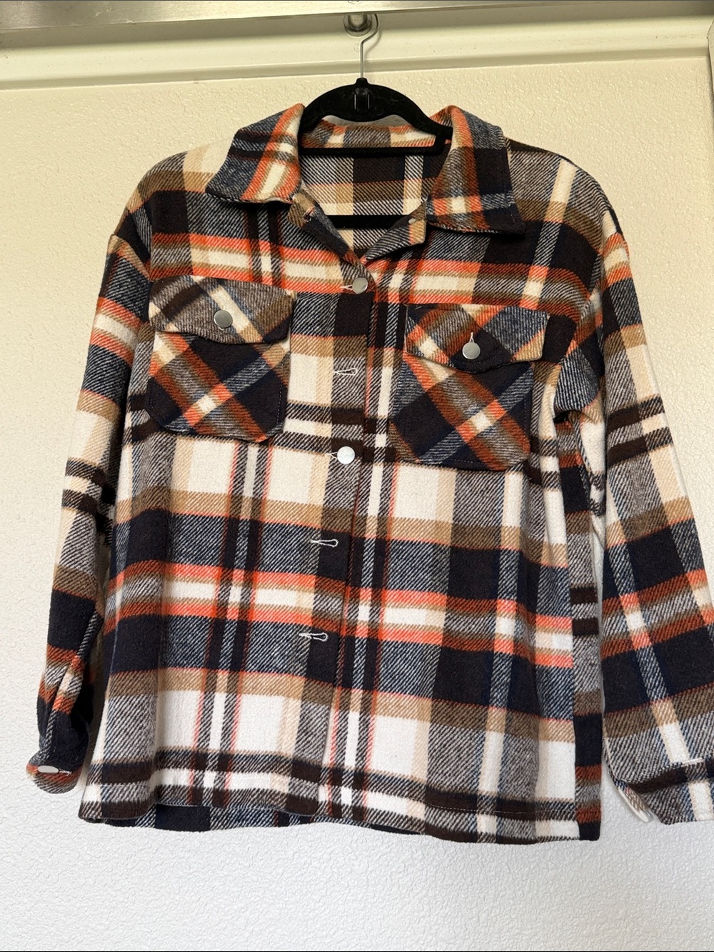 Plaid Button-Up Shacket in Navy, Brown & Cream